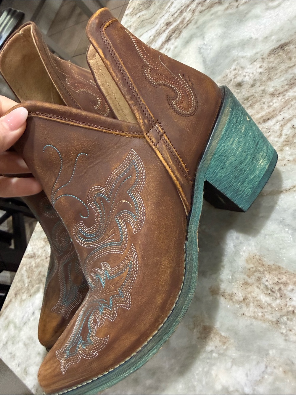 Circle G Brown Leather Western Ankle Boots with Turquoise Stitching - Picture 2 of 4
